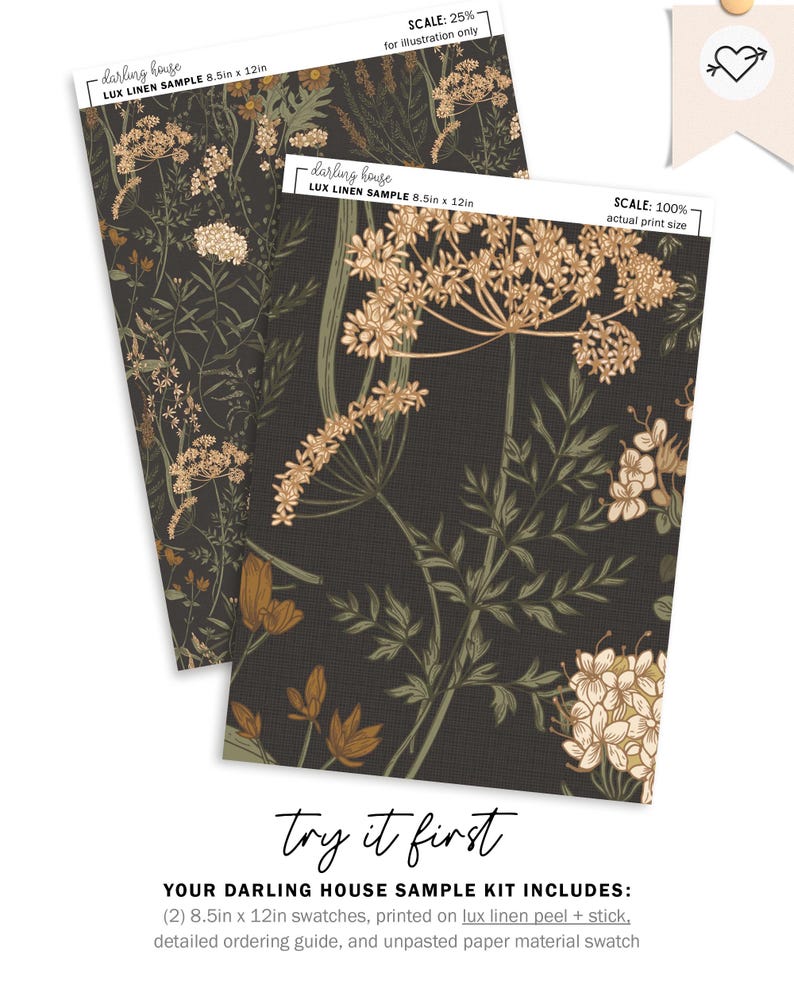 Puede incluir: Dos muestras de tela de 8,5 x 12 pulgadas impresas sobre un fondo de lino marr&oacute;n oscuro con un patr&oacute;n floral en tonos de verde, blanco y beige. El texto "darling house" y "LUX LINEN SAMPLE" est&aacute; impreso en las muestras. El texto "Try it first" est&aacute; impreso debajo de las muestras.