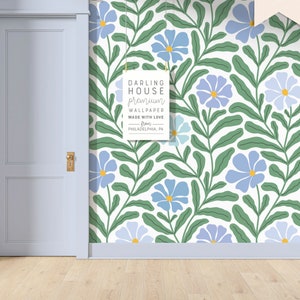 Large Blue Daisy Floral Wallpaper | Premium Removable Peel Stick | Boho Matisse Botanical Mural | Funky Colorful 60s 70s Wall Decor |FL075-G