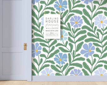 Large Blue Daisy Floral Wallpaper | Premium Removable Peel Stick | Boho Matisse Botanical Mural | Funky Colorful 60s 70s Wall Decor |FL075-G
