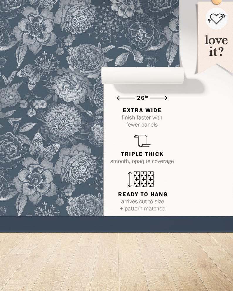 May include: A blue floral wallpaper with a white floral pattern. The wallpaper is 26 inches wide and is described as extra wide, triple thick, and ready to hang. The wallpaper is shown on a wall with a wooden floor.