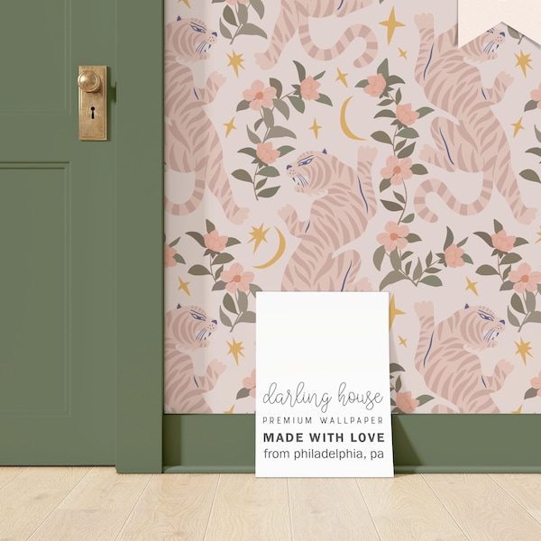 Retro Tiger Wallpaper | Peel and Stick, PrePasted, Unpasted | Whimsical Vintage Floral | NA011-PINK