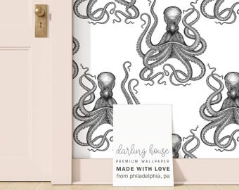 Black and White Octopus Wallpaper | Peel Stick, PrePasted, Unpasted | Vintage Coastal Nautical | NA003-WHTE