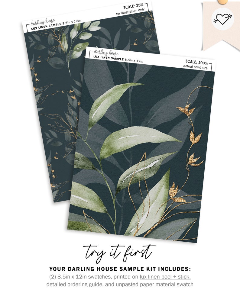 May include: Two 8.5 by 12 inch samples of wallpaper printed on lux linen peel and stick. The wallpaper features a dark blue background with a repeating pattern of green leaves and gold accents. The text "darling house" and "LUX LINEN SAMPLE 8.5in x 12in" is printed on the samples.