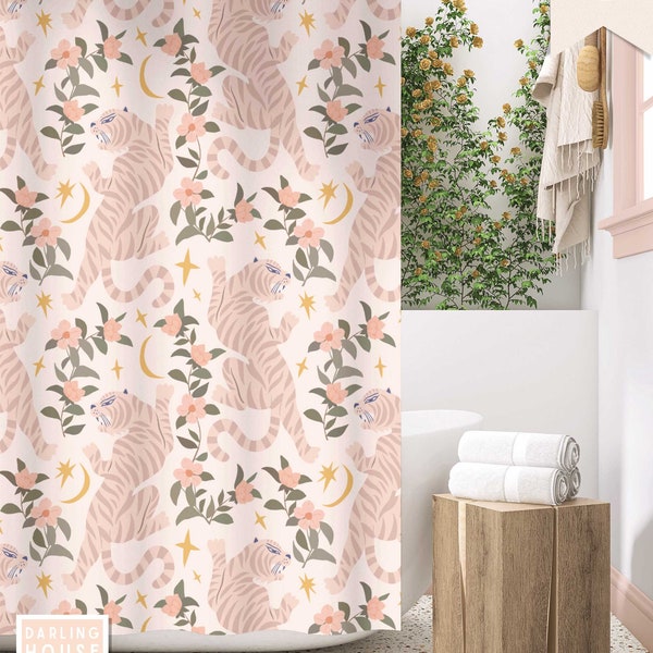 Retro Tiger Shower Curtain | Blush Pink Tropical Floral Print | Boho Botanical Vintage Bathroom | Colorful 60s 70s Maximalist Home Decor