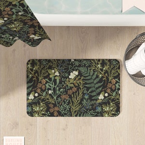 Vintage Botanical Bath Mat  + Matching Shower Curtain | Microfiber Memory Foam Bathroom Rug | Boho Apothecary Decor | Moody Dark Academia