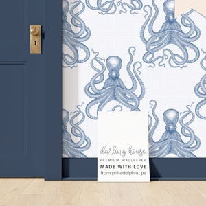 Blue Octopus Squid Wallpaper | Premium Removable Peel Stick | Nautical Bedroom Bathroom Nursery | Preppy Vintage Coastal Wall Decor |NA003-N
