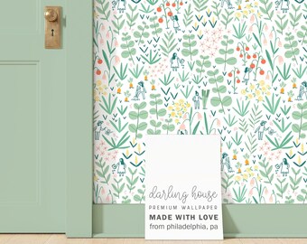 Whimsical Garden Wallpaper | Peel and Stick, PrePasted, Unpasted | Colorful Boho Floral | BT012