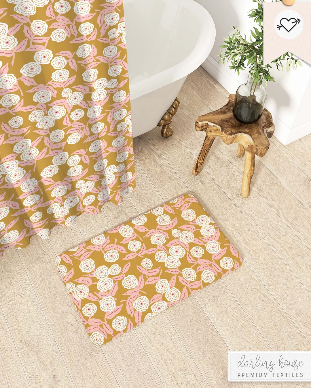 Boho Yellow Floral Bath Mat Matching Shower Curtain Plush Microfiber Bath Rug Colorful Retro