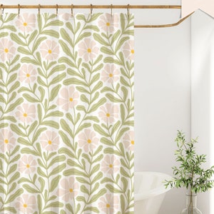 Cute Pink Daisy Shower Curtain | Retro 60s 70s Botanical Bath Set | Vintage Floral Bathroom Accessories | Colorful Boho Eclectic Home Decor