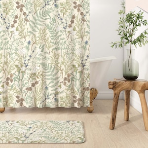 Woodland Botanical Shower Curtain | Boho Forest Ferns | Vintage Green Apothecary Herbs Plants | Eclectic Cottagecore Bathroom Decor |BT022-C
