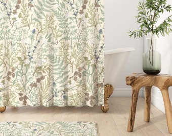 Woodland Botanical Shower Curtain | Boho Forest Ferns | Vintage Green Apothecary Herbs Plants | Eclectic Cottagecore Bathroom Decor |BT022-C