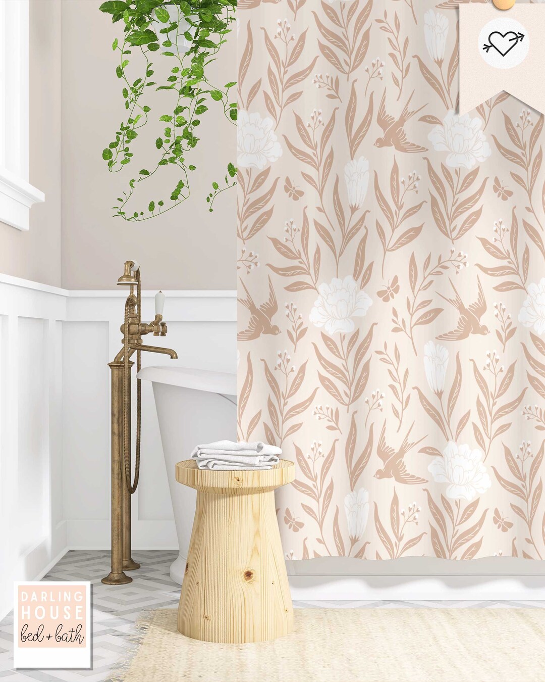 Blush Pink Shower Curtain Retro Scandinavian Folk Art Floral Etsy