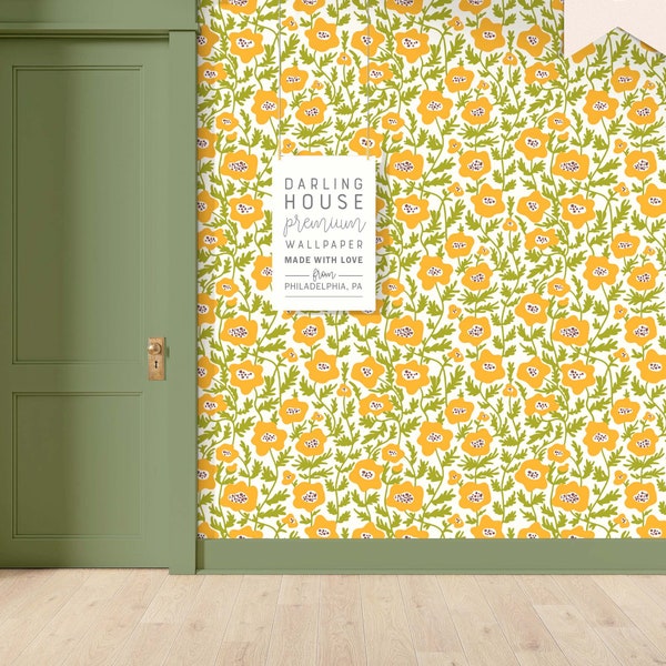 Colorful Retro Orange Floral Wallpaper | Premium Removable Peel Stick | Bright Botanical Bedroom Bath Nursery | Vintage 60s 70s | FL073_3