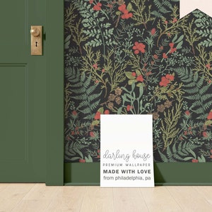 Papier peint botanique noir vert émeraude | Bâtonnet de peau amovible | Moody vintage apothicaire | murale sombre du monde universitaire | Décoration maximaliste | BT022-R