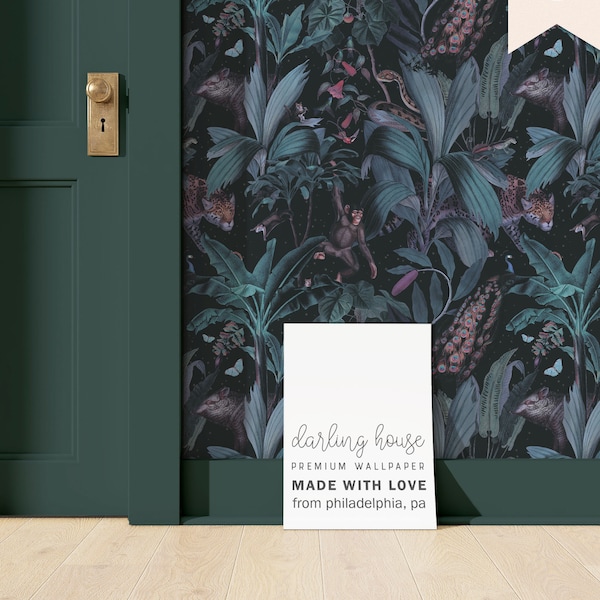 Moody Black Botanical Wallpaper | Premium Peel Stick | Tropical Jungle Animal Scenic Forest Mural | Maximalist Dark Academia Decor | BT001_M