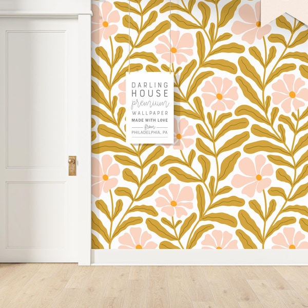 Large Pink Daisy Wallpaper | Peel and Stick, PrePasted, Unpasted | Funky Boho Floral | FL075-GOLD