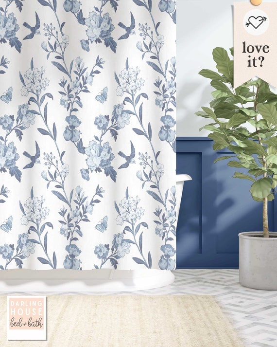 Treory Vintage Botanical Shower Curtain – Blue Floral Bird Pattern, Waterproof 72x72 Inch, Includes Hooks