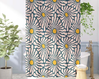 Cortina de ducha con diseño floral de margaritas retro y divertidas / Decoración de baño maximalista y colorida / Tela de popelina