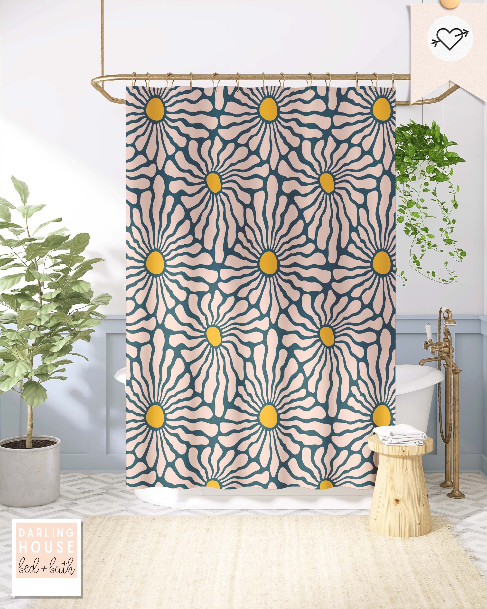Colorful 60s 70s Daisy Floral Shower Curtain | Retro Bright Botanical Bath Accessory | Vintage Boho Bathroom | Funky Maximalist Home Decor