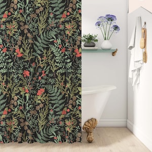 Moody Black Apothecary Shower Curtain | Dark Academia Cottagecore | Vintage Botanical Herbs & Plants | Eclectic Maximalist Bathroom Decor