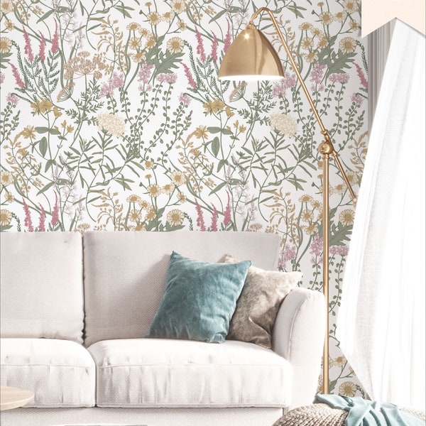 Colorful Wildflower Wallpaper | Premium Removable Peel Stick | Sage Green Botanical Mural | Cute Vintage Floral | Maximalist Decor | FL068W