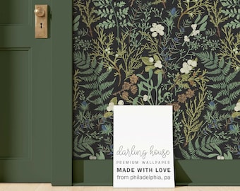 Moody Black Botanical Wallpaper | Premium Removable Peel Stick | Emerald Green Apothecary | Dark Academia Mural | Maximalist Decor | BT022-B
