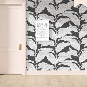 Minimalist Black White Tropical Wallpaper | Premium Removable Peel Stick | Vintage Botanical Banana Leaf | Dark Moody Retro  Mural | BT015_C