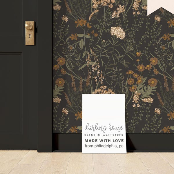 Moody Black Floral Wallpaper | Removable Peel Stick | Gothic Botanical Apothecary | Dark Academia Mural | Cozy Maximalist Decor | FL068-G