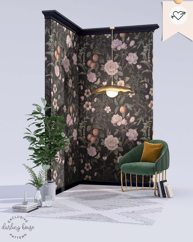 Large Antique Floral Black Wallpaper Premium Removable Peel Etsy