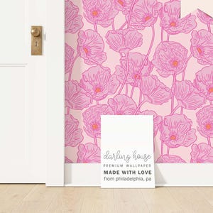 Hot Pink Poppy Floral Wallpaper | Premium Removable Peel Stick | Bright Colorful Retro Mural | Funky Maximalist Wall Decor | FL021-P