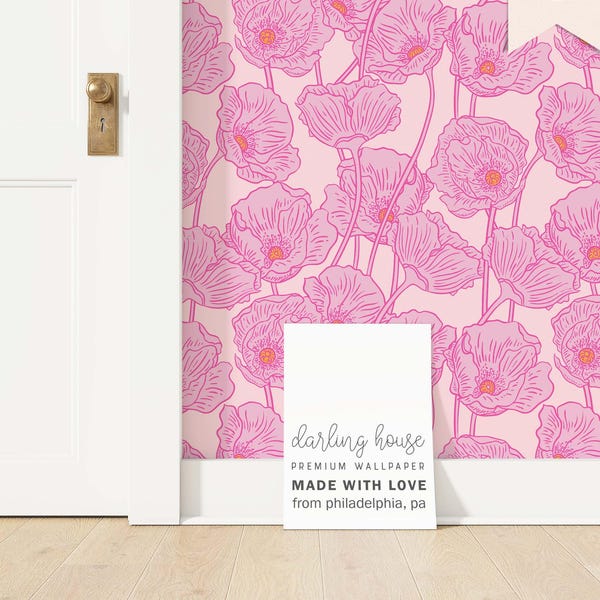 Hot Pink Floral Wallpaper | Peel and Stick, PrePasted, Unpasted | Colorful Whimsical Decor | FL021-PINK