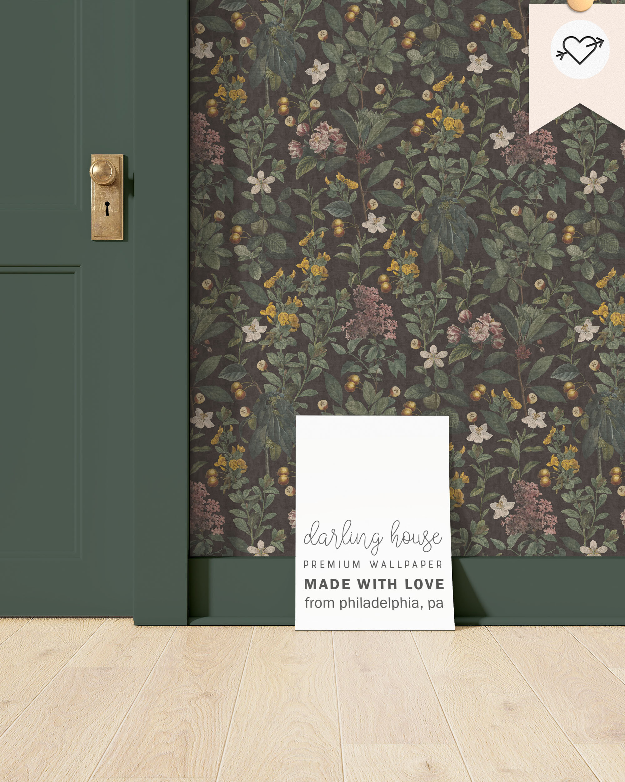 Moody Black Botanical Wallpaper | Premium Removable Peel and Stick | Emerald Green Plant Mural | Dark Academia Maximalist Decor | BT032-W