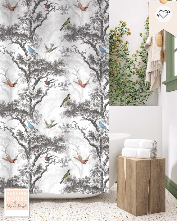 Black and White Toile Shower Curtain | Forest Woodland Bathroom Decor