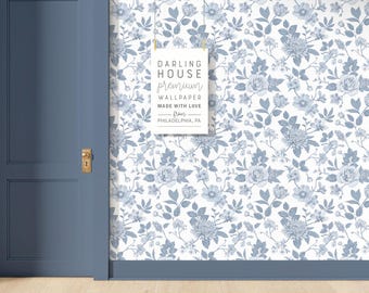 Toile Chinoiserie Wallpaper | Peel and Stick, PrePasted, Unpasted | French Floral Grandmillenial | FL087-BLUE