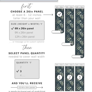 May include: A diagram showing how to order wallpaper panels for a wall. The diagram shows different panel sizes, a quantity selection, and a final result of three 6ft x 26in panels. The text reads "Flexible Ordering, Create-Your-Own Coverage, Choose a 26in panel at least 6-12 inches taller than your wall, Size (Height x Width), 6ft x 26in panel, 9ft x 26in panel, 12ft x 26in panel, or message us for custom options!, Then, Select Panel Quantity needed to cover wall width, Quantity, 2, 3, 4..., And You'll Receive, (3) 6ft x 26in panels, a ready-to-hang set of matching wallpaper panels, equal to the coverage area you created. 6ft tall x 78in wide".