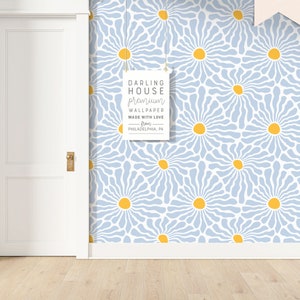 Funky 60s 70s Blue Daisy Wallpaper | Premium Removable Peel Stick | Floral Matisse Mural | Boho Bedroom Bathroom Nursery Wall Decor |FL071-B