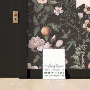 Moody Black Floral Wallpaper | Premium Removable Peel Stick | Emerald Green Botanical Peach Mural | Maximalist Dark Academia Decor | FL043