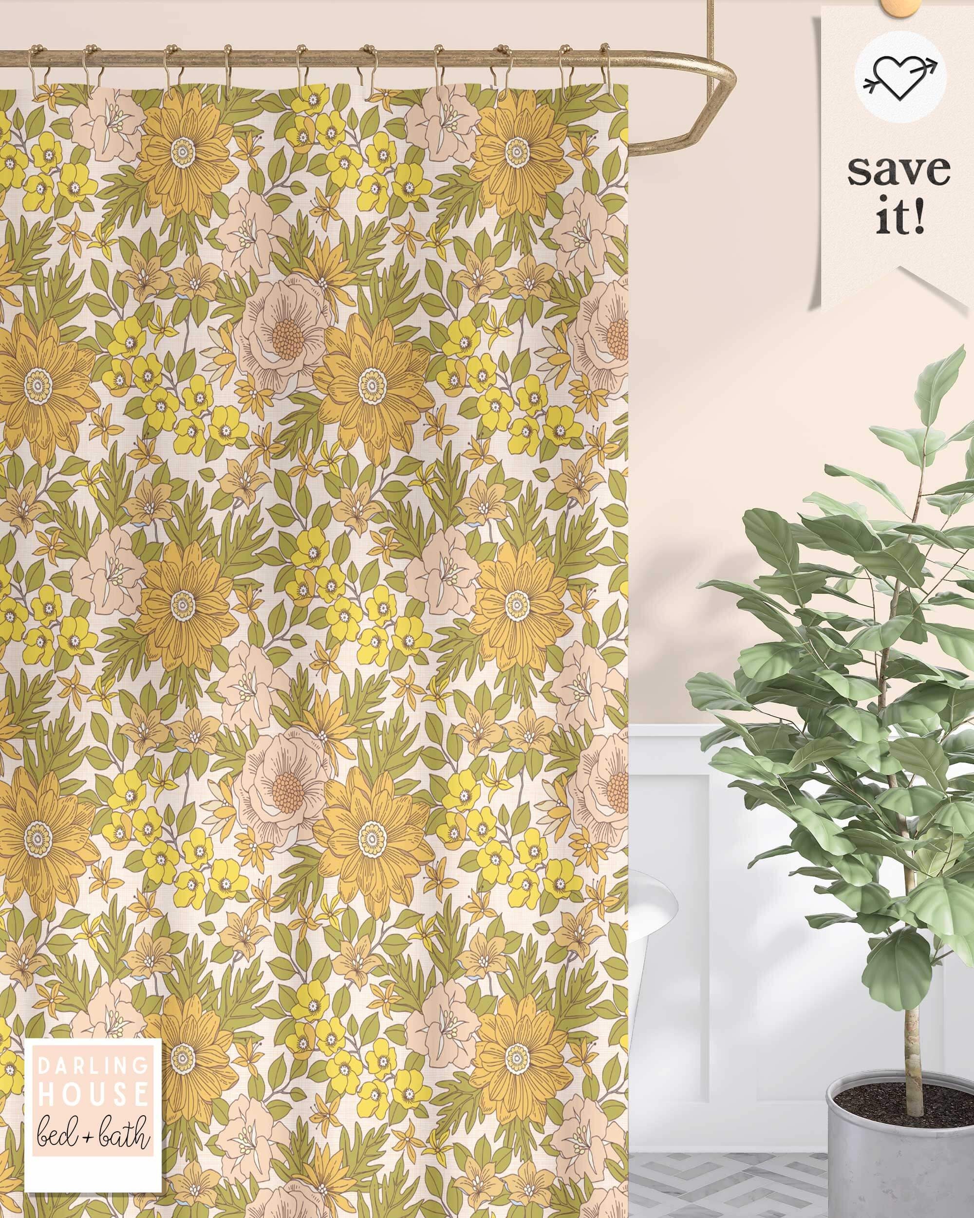 Daisy Flowered Shower Curtain Panel Retro 70s Mustard Yellow Sage