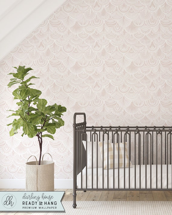 Dainty Blush Pink Scalloped Lace Wallpaper Premium Removable Peel