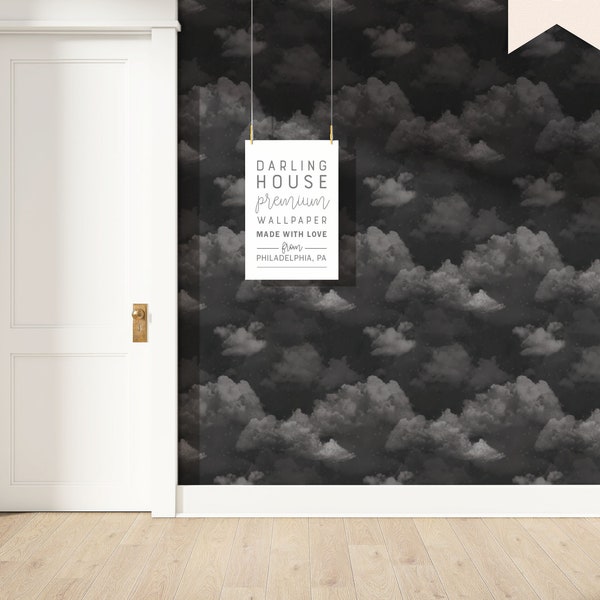 Cloudy Night Sky Black Wallpaper | Premium Removable Peel Stick | Bedroom Bathroom | Moody Gothic Dark Academia | Maximalist Decor | NA012