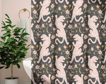 Pink + Black Tiger Shower Curtain Panel | Retro Tropical Floral Print | Boho Botanical Vintage Bathroom | Colorful 70s Maximalist Decor