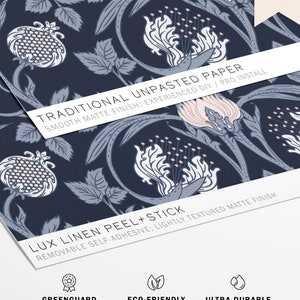 Blue Art Nouveau Floral Wallpaper | Peel and Stick, PrePasted, Unpasted | William Morris Damask | FL077-NAVY image 5