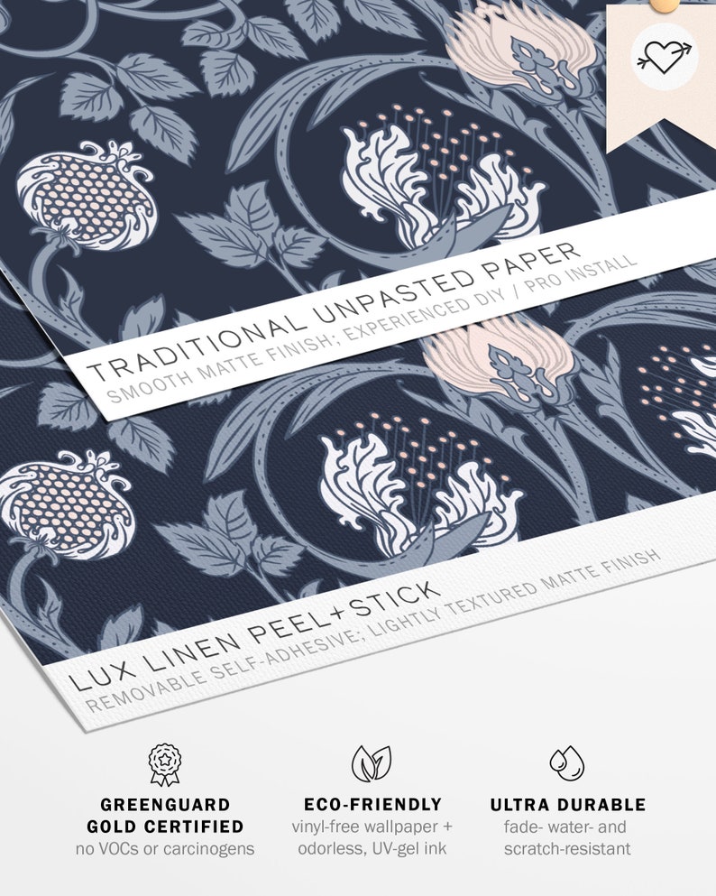 Blue Art Nouveau Floral Wallpaper | Peel and Stick, PrePasted, Unpasted | William Morris Damask | FL077-NAVY image 5