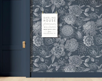 Navy Blue Floral Wallpaper | Peel and Stick, PrePasted, Unpasted | Moody Dark Botanical Mural | FL008-SILV