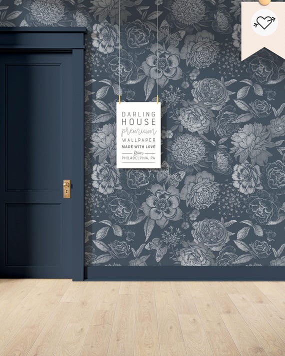 Navy Blue Floral Wallpaper | Peel and Stick, PrePasted, Unpasted | Moody Dark Botanical Mural | FL008-SILV