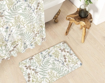 Sage Green Botanical Bath Mat | Forest Cottagecore Bathroom Decor | Matching Shower Curtain Option