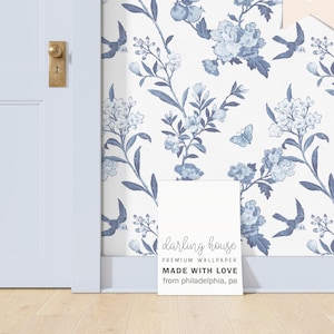 Vintage Blue Floral Chinoiserie Wallpaper | Premium Removable Peel Stick | Coastal Preppy Cottagecore | Bedroom Bathroom Wall Decor | FL013