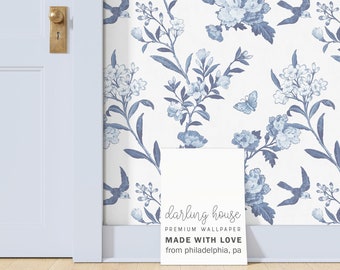 Blue Floral Toile Chinoiserie Wallpaper | Peel and Stick, PrePasted, Unpasted | Coastal Decor | FL013