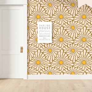 Funky Retro Floral Wallpaper | Peel and Stick, PrePasted, Unpasted | Boho Daisy Flower | FL071-BRWN