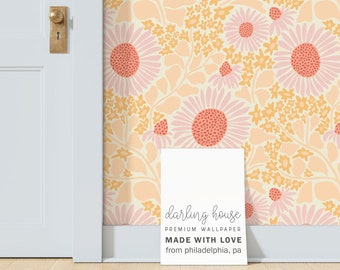 Funky Daisy Sunflower Wallpaper | Peel and Stick, PrePasted, Unpasted | Retro Floral | FL058-PINK